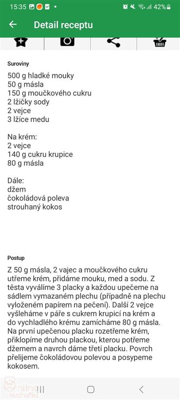ukázka receptu Medové řezy (z mobilní aplikace pro Android)